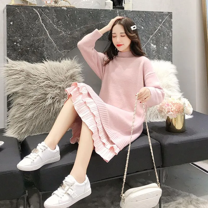 Autumn and Winter Plus Size Mid-length Dress Mid-length Thick Loose Base Skirt Half High Neck Knitted Sweater Dress