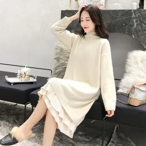 Autumn and Winter Plus Size Mid-length Dress Mid-length Thick Loose Base Skirt Half High Neck Knitted Sweater Dress