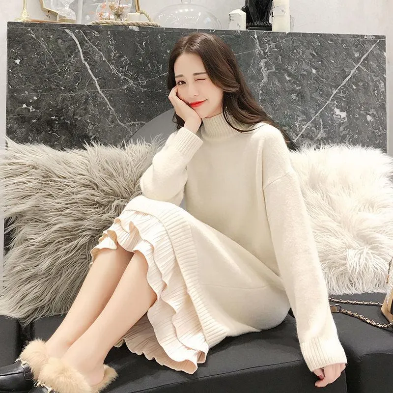 Autumn and Winter Plus Size Mid-length Dress Mid-length Thick Loose Base Skirt Half High Neck Knitted Sweater Dress
