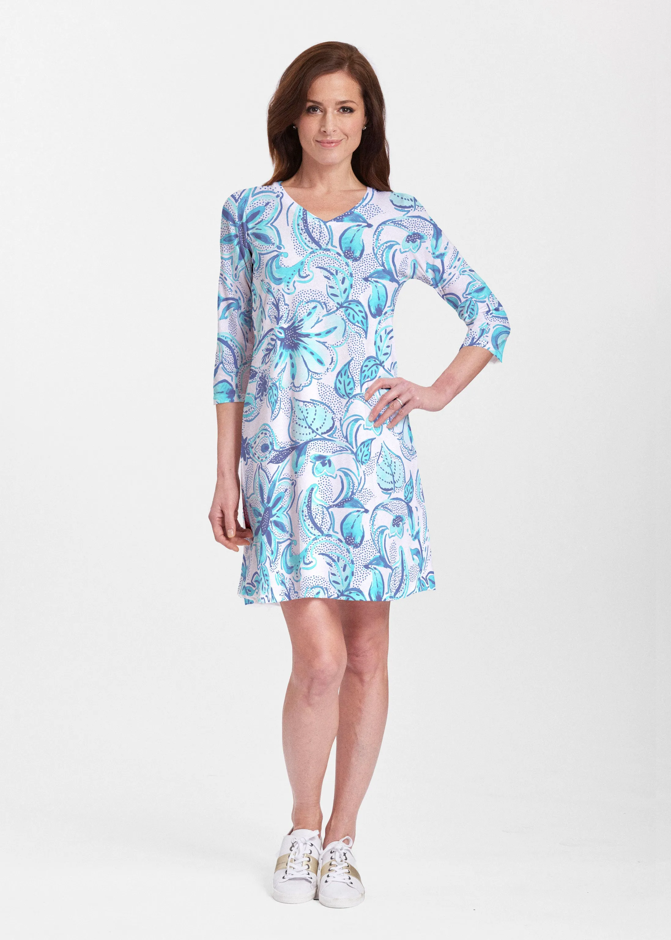 Baltic Watercolor Aqua (7696) ~ Classic V-neck Swing Dress