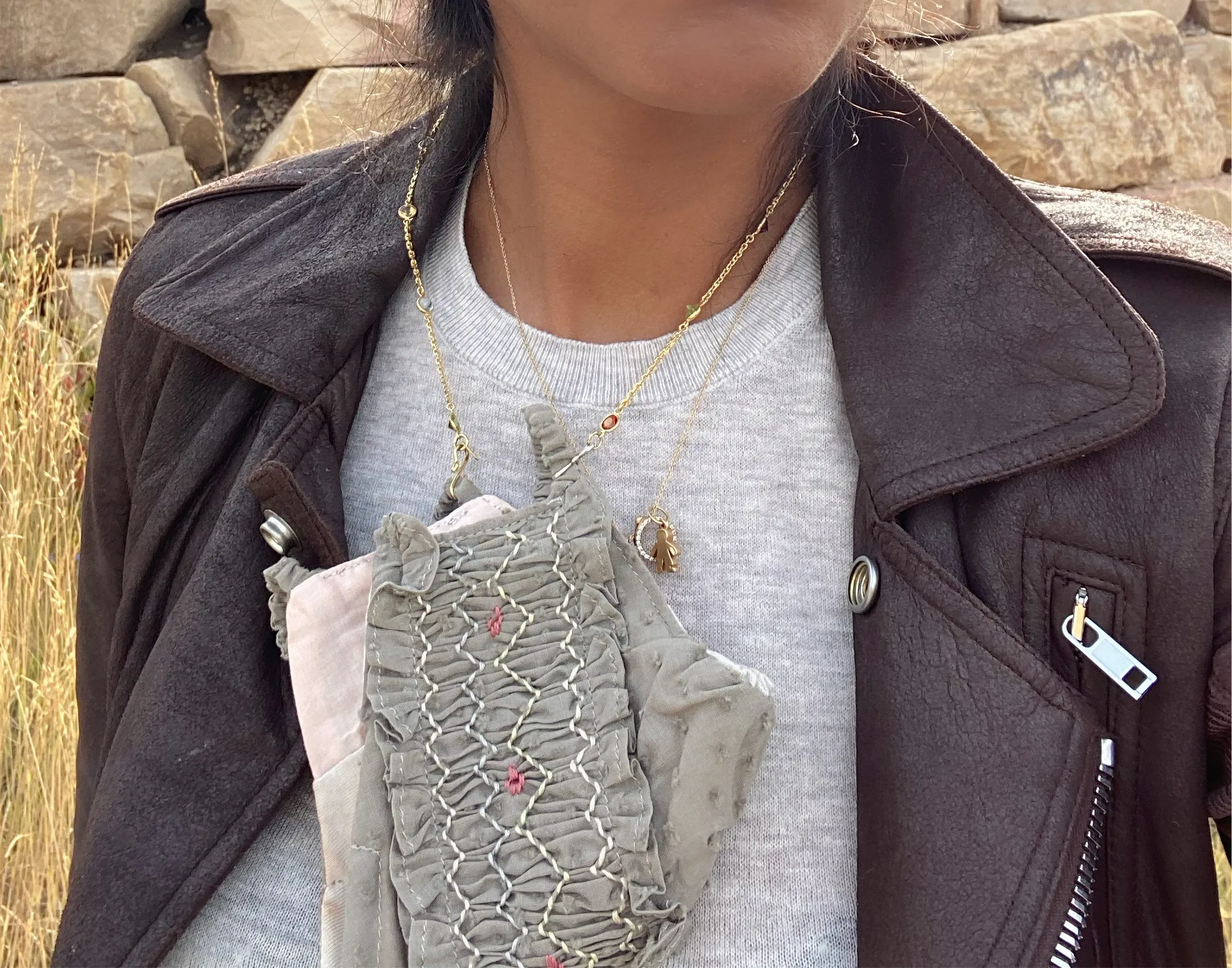 Be Safe. Be Kind" Hand Smocked Heirloom Mask - Swiss Dot, Vintage Bark