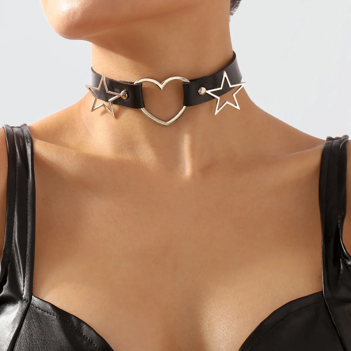 Black Polystyrene & Silver-Plated Star Heart Choker Necklace