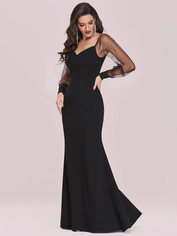 Black Prom Dress Mermaid V-Neck Satin Fabric Long Sleeves Backless Tulle Satin Fabric Party Dresses