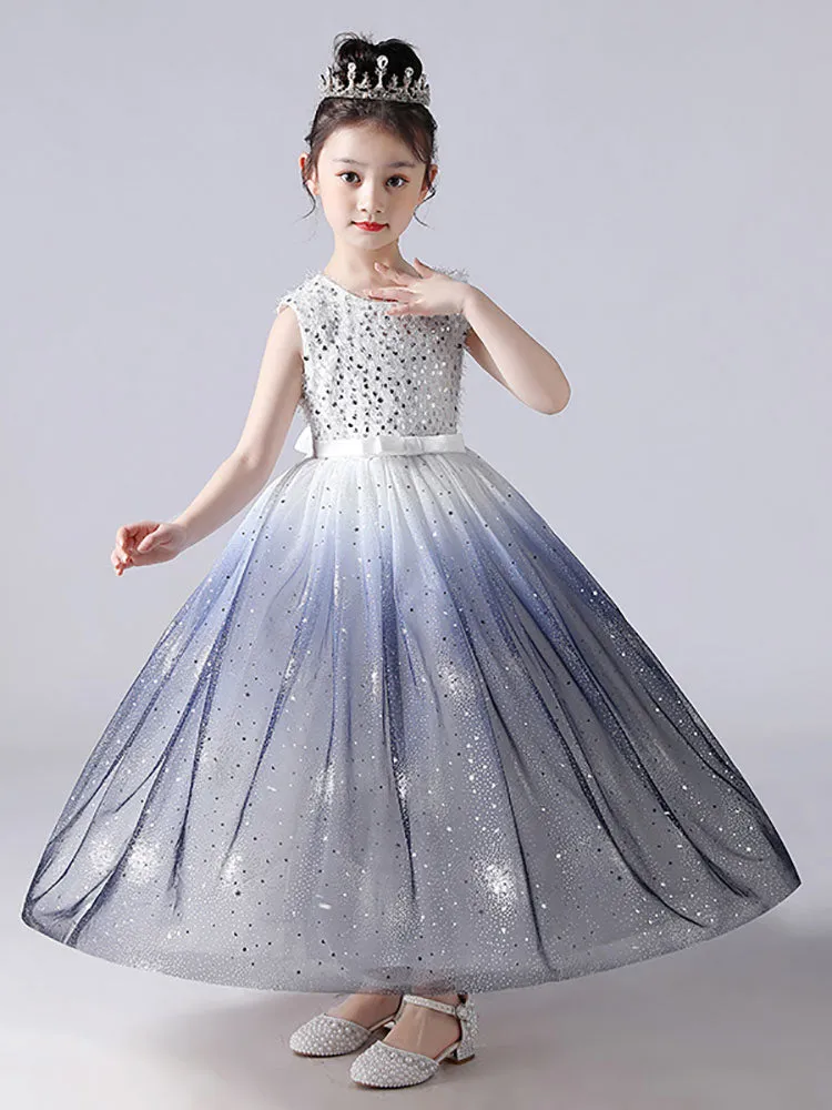 Blue Jewel Neck Sleeveless Polyester Tulle Lace Polyester Cotton Embroidered Kids Party Dresses