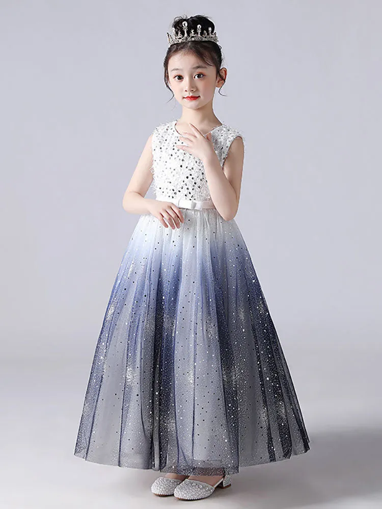 Blue Jewel Neck Sleeveless Polyester Tulle Lace Polyester Cotton Embroidered Kids Party Dresses