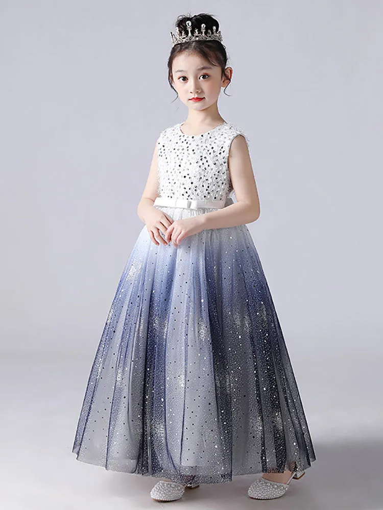 Blue Jewel Neck Sleeveless Polyester Tulle Lace Polyester Cotton Embroidered Kids Party Dresses