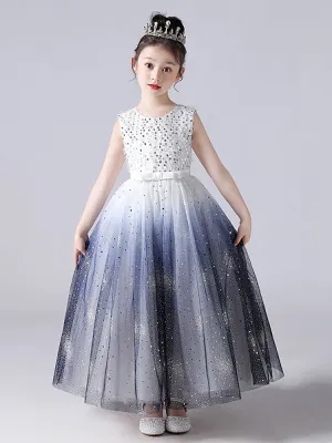 Blue Jewel Neck Sleeveless Polyester Tulle Lace Polyester Cotton Embroidered Kids Party Dresses