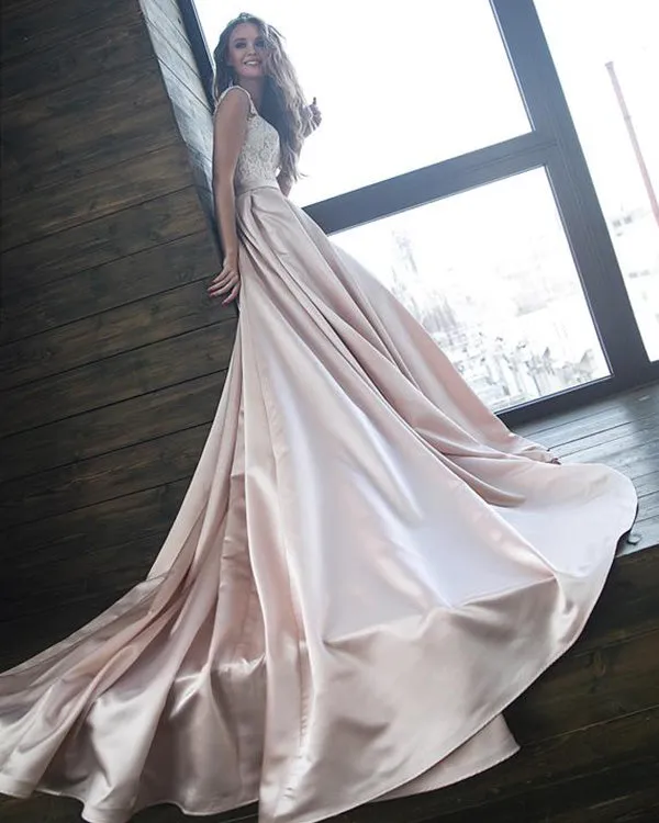 Blush Pink Satin Wedding Dresses with Appliques Cap Sleeve 2019 V-Neck Bridal Gowns