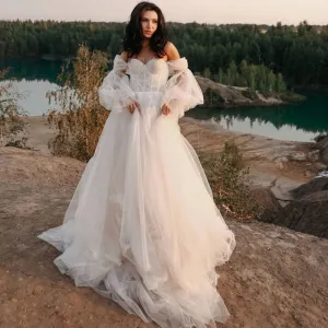 Boho Vintage Wedding Dresses 2022 Fairy Bohemian Lace Wedding Gowns Puff Detachable Long Sleeve Bridal Dress Beach Vestidos