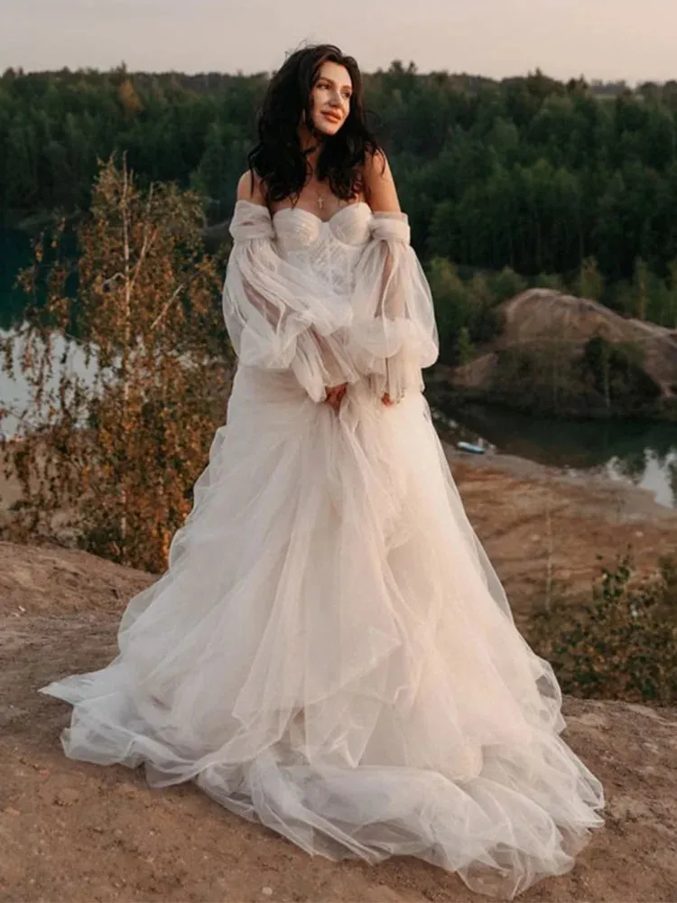 Boho Vintage Wedding Dresses 2022 Fairy Bohemian Lace Wedding Gowns Puff Detachable Long Sleeve Bridal Dress Beach Vestidos
