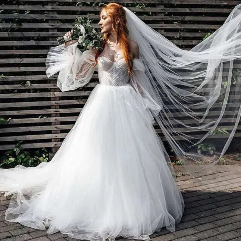 Boho Vintage Wedding Dresses 2022 Fairy Bohemian Lace Wedding Gowns Puff Detachable Long Sleeve Bridal Dress Beach Vestidos