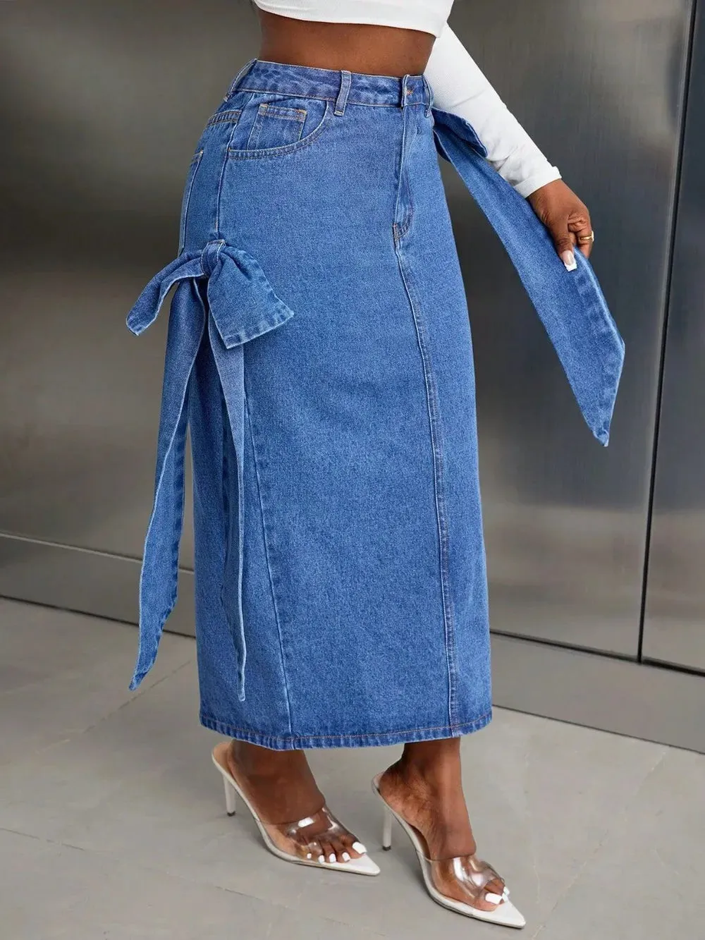 Bow Slit Back Denim Skirt