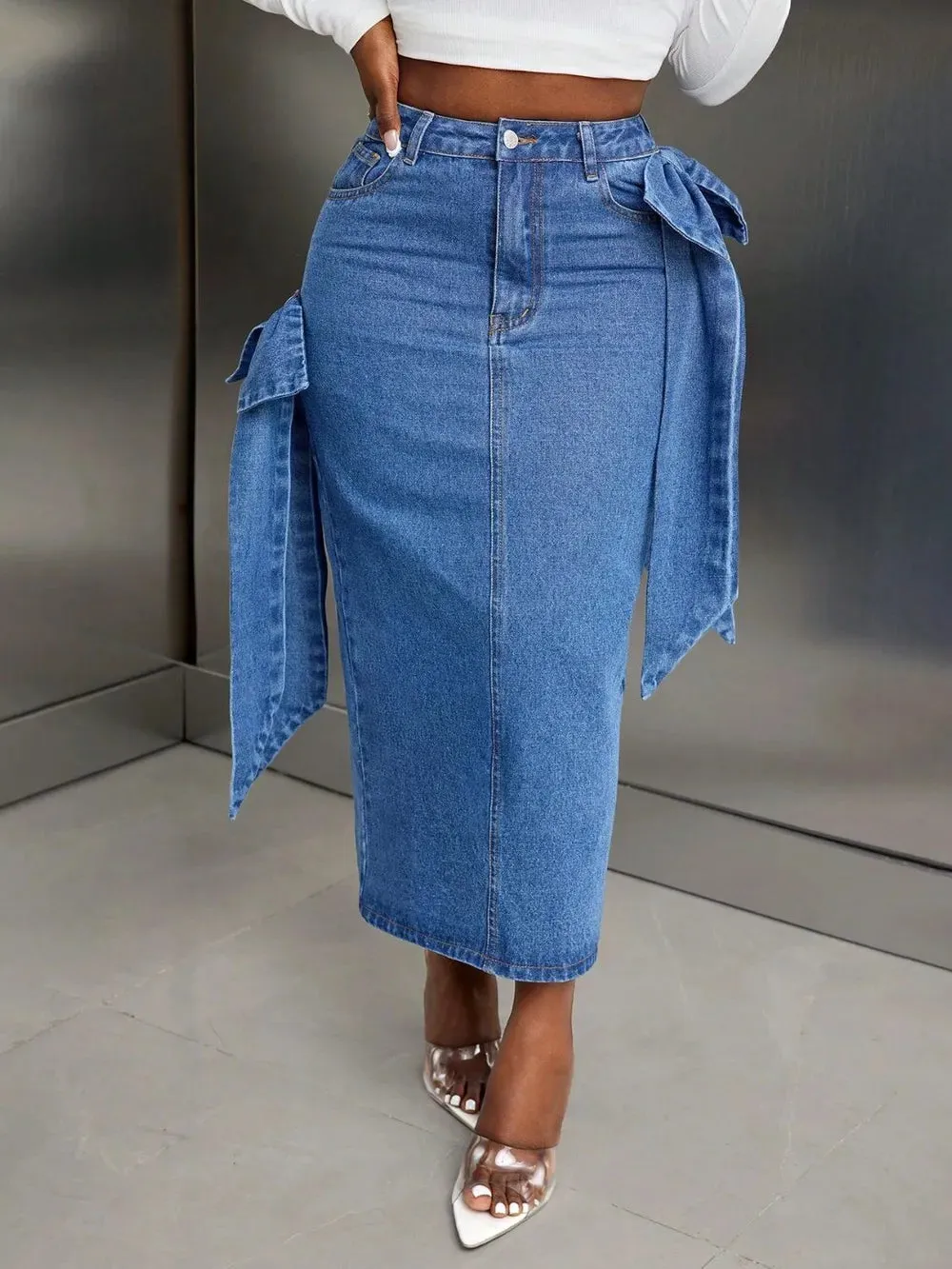 Bow Slit Back Denim Skirt