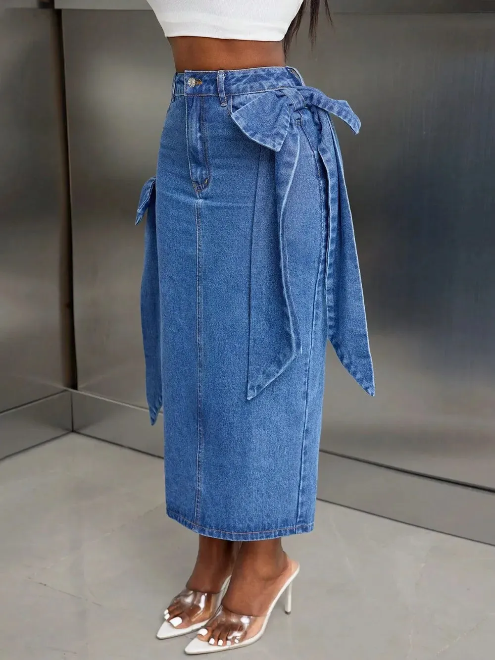 Bow Slit Back Denim Skirt