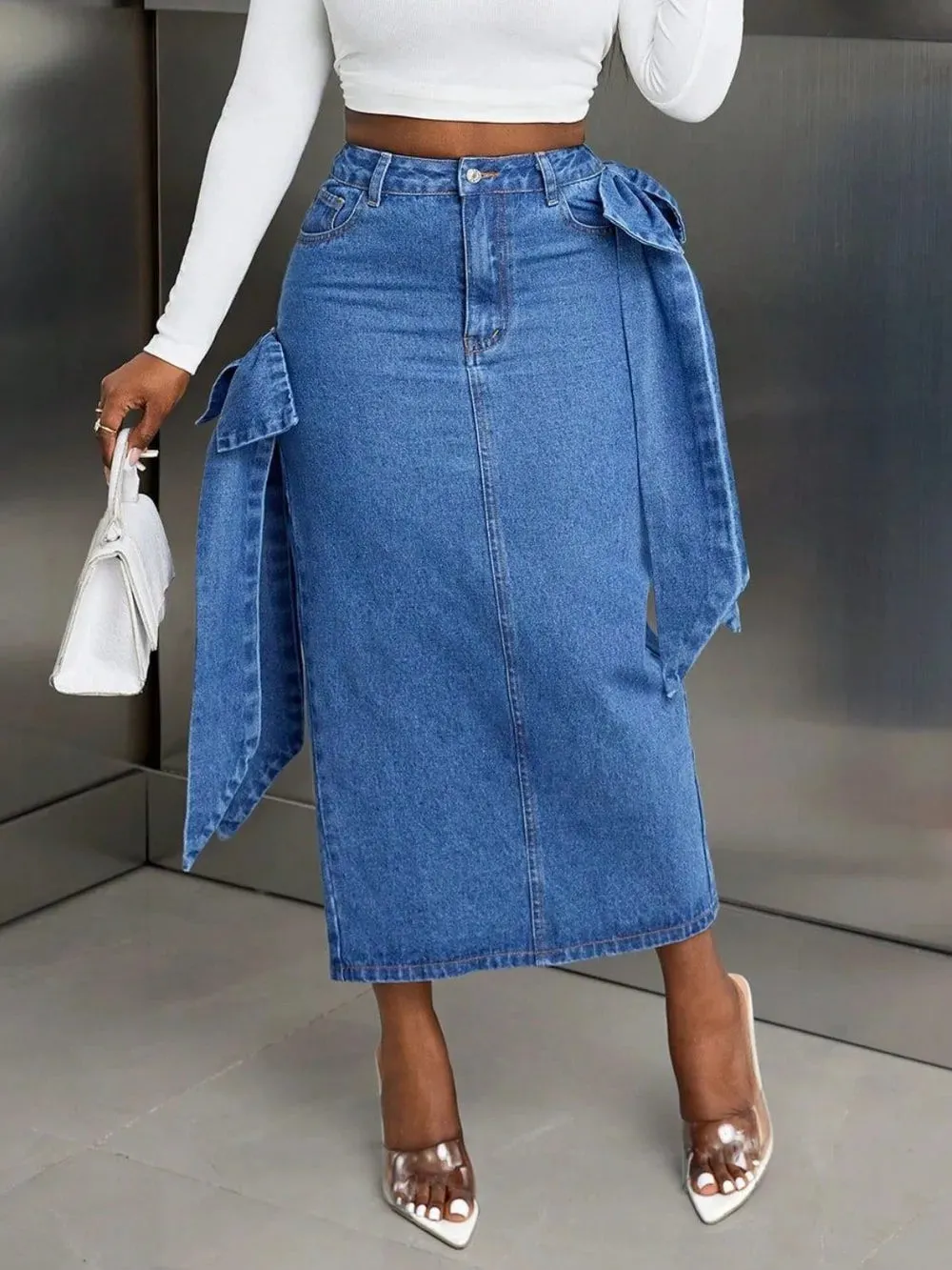 Bow Slit Back Denim Skirt
