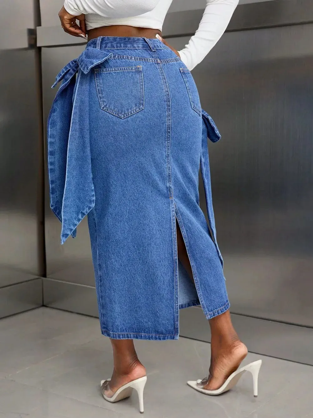 Bow Slit Back Denim Skirt