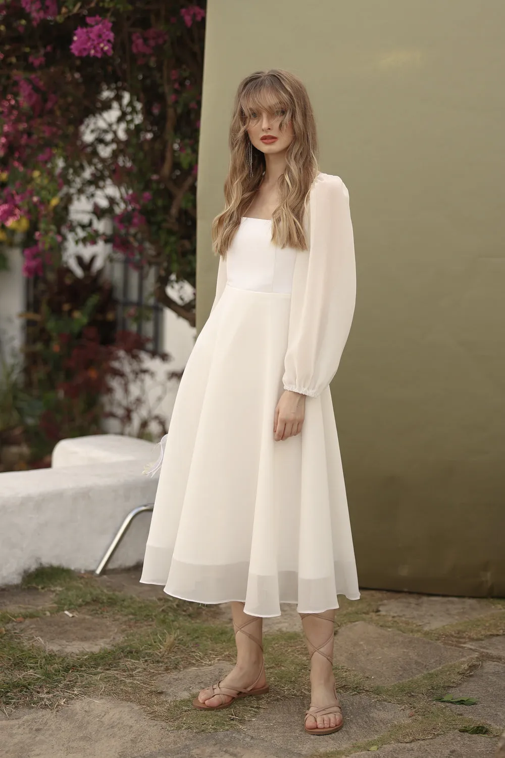 BRIA Full Sleeve Chiffon Midi Dress with  Covered Button Back Detail (White Chiffon)