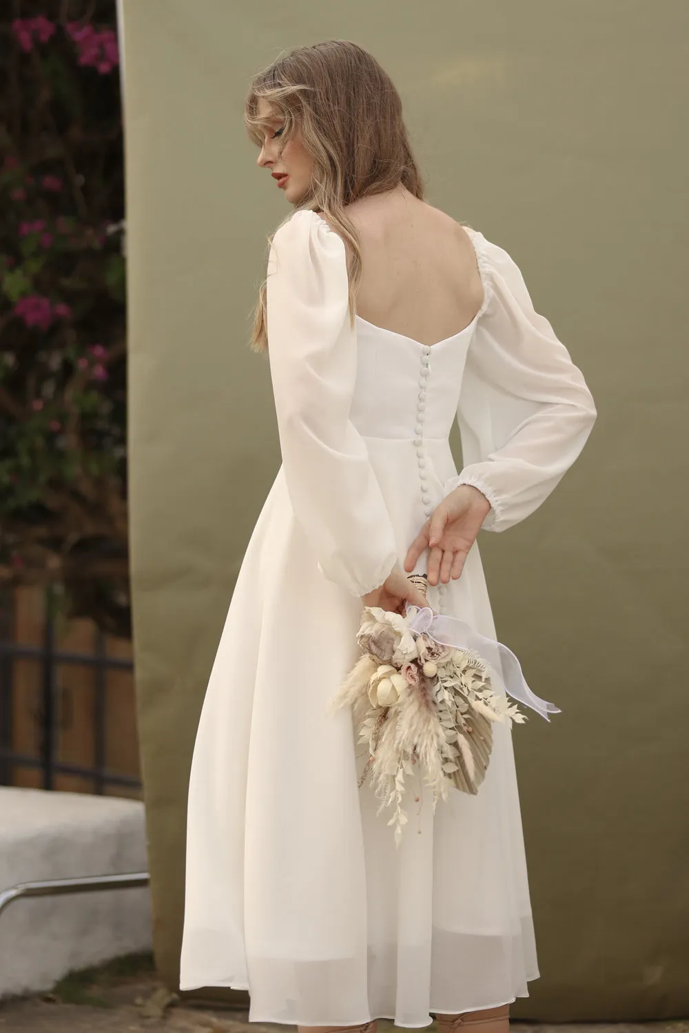 BRIA Full Sleeve Chiffon Midi Dress with  Covered Button Back Detail (White Chiffon)