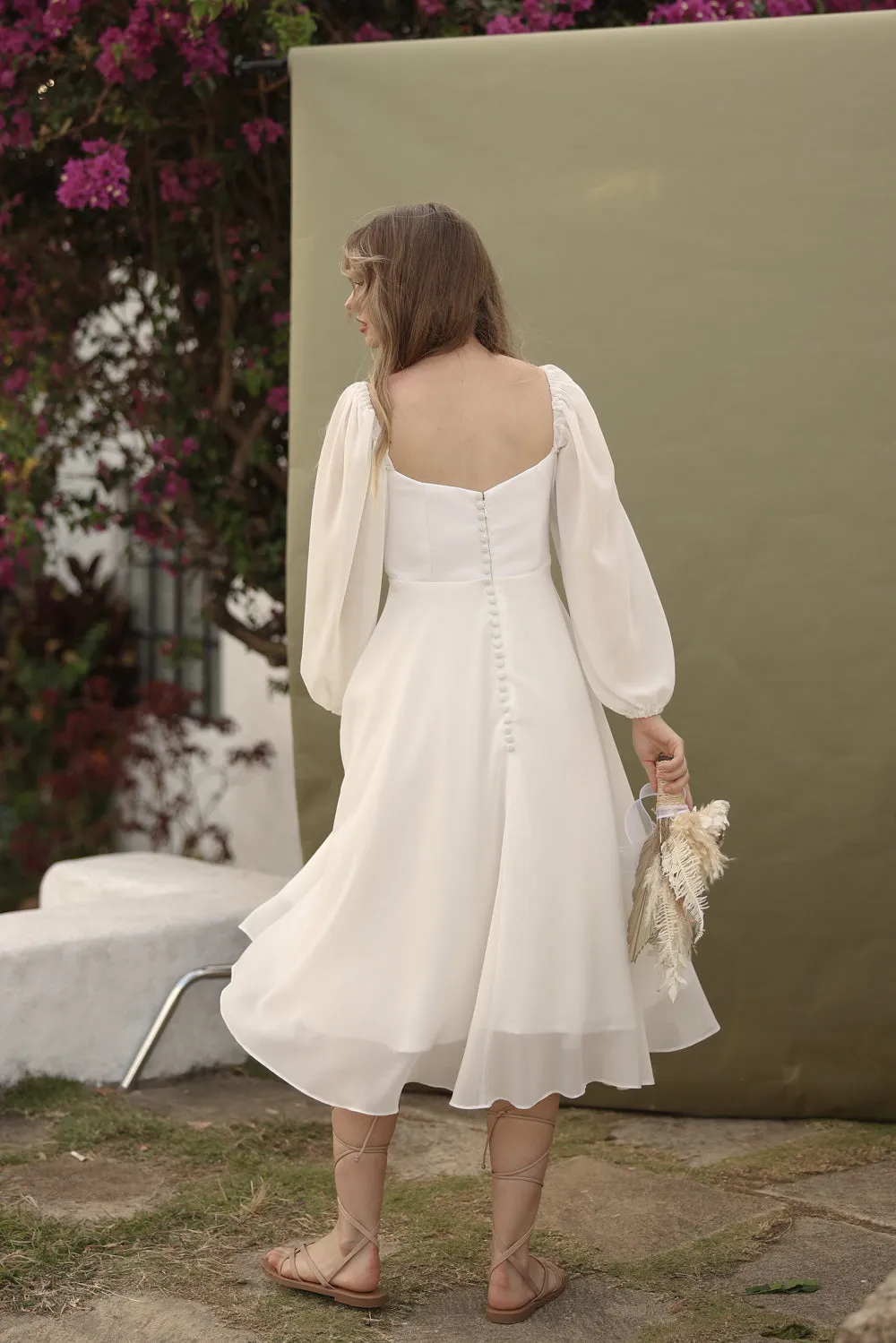BRIA Full Sleeve Chiffon Midi Dress with  Covered Button Back Detail (White Chiffon)