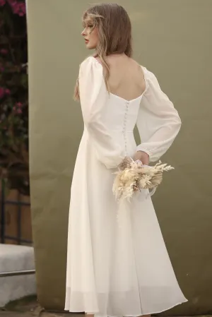 BRIA Full Sleeve Chiffon Midi Dress with  Covered Button Back Detail (White Chiffon)