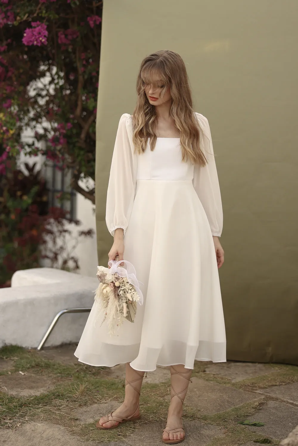 BRIA Full Sleeve Chiffon Midi Dress with  Covered Button Back Detail (White Chiffon)