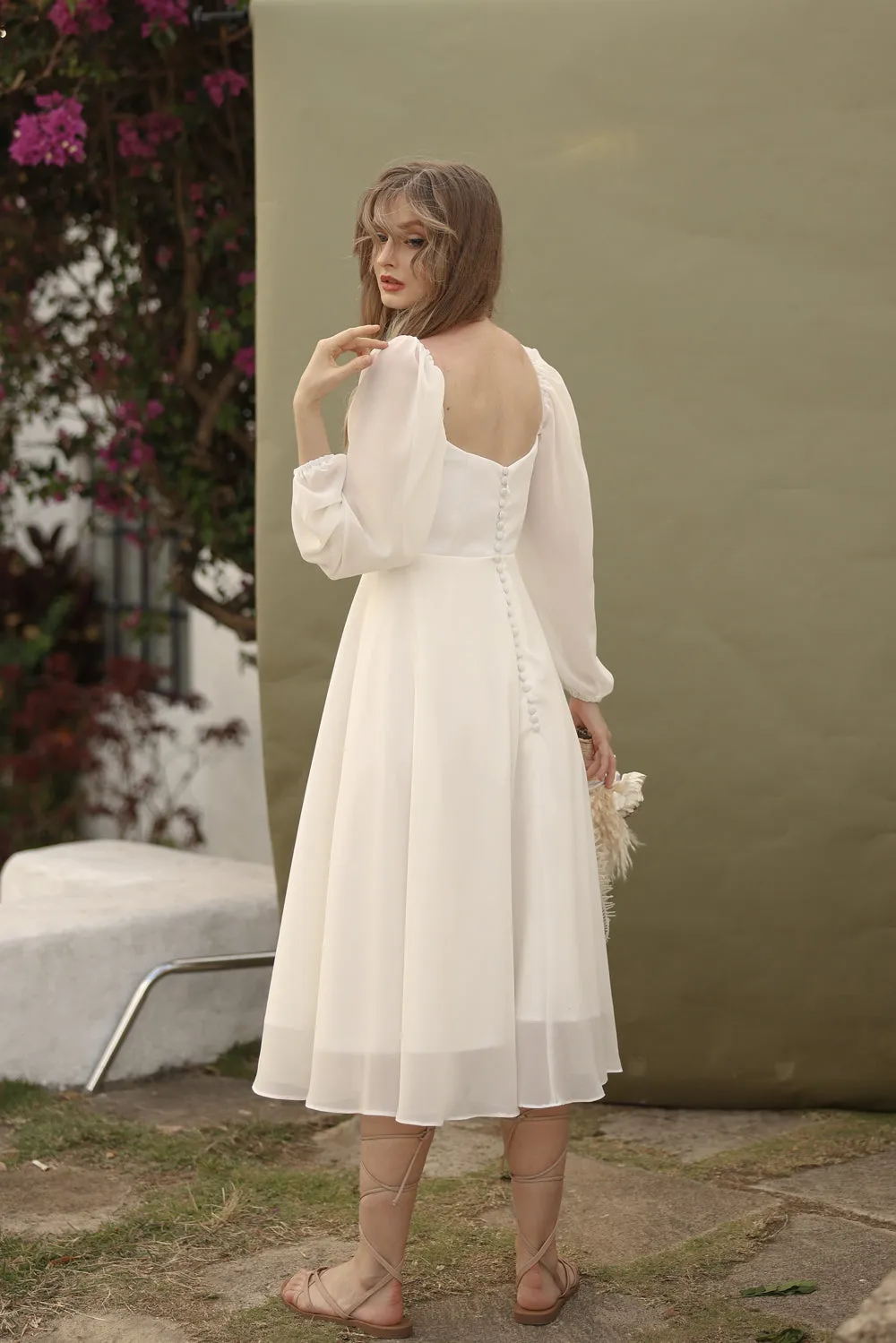 BRIA Full Sleeve Chiffon Midi Dress with  Covered Button Back Detail (White Chiffon)
