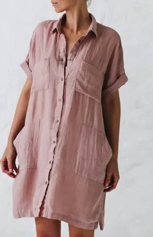 Button-Down Shirt Dress with Lapel Collar and Pockets