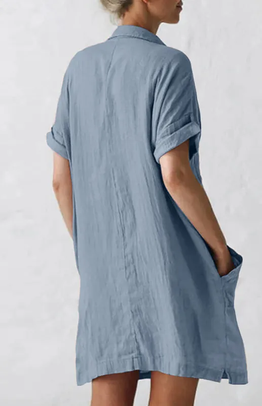 Button-Down Shirt Dress with Lapel Collar and Pockets