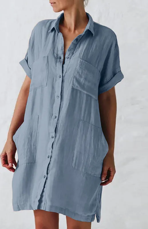 Button-Down Shirt Dress with Lapel Collar and Pockets