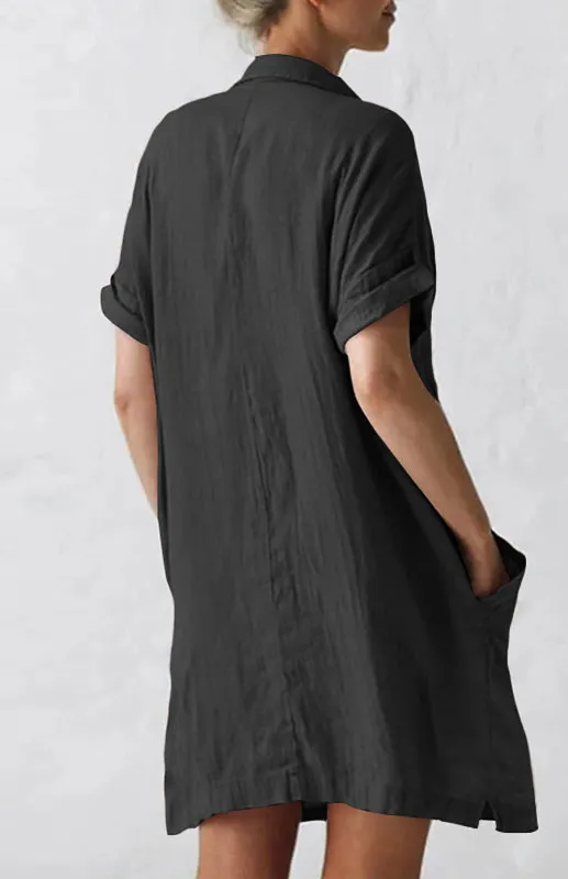 Button-Down Shirt Dress with Lapel Collar and Pockets