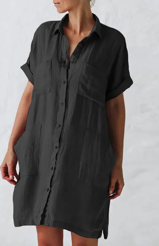 Button-Down Shirt Dress with Lapel Collar and Pockets