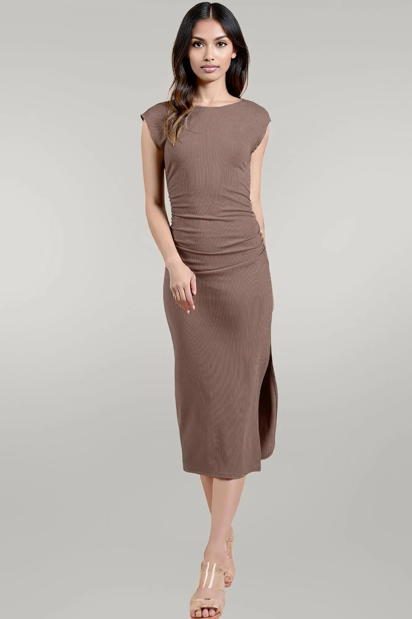 Cap Sleeve Boatneck Open Back Midi Dress