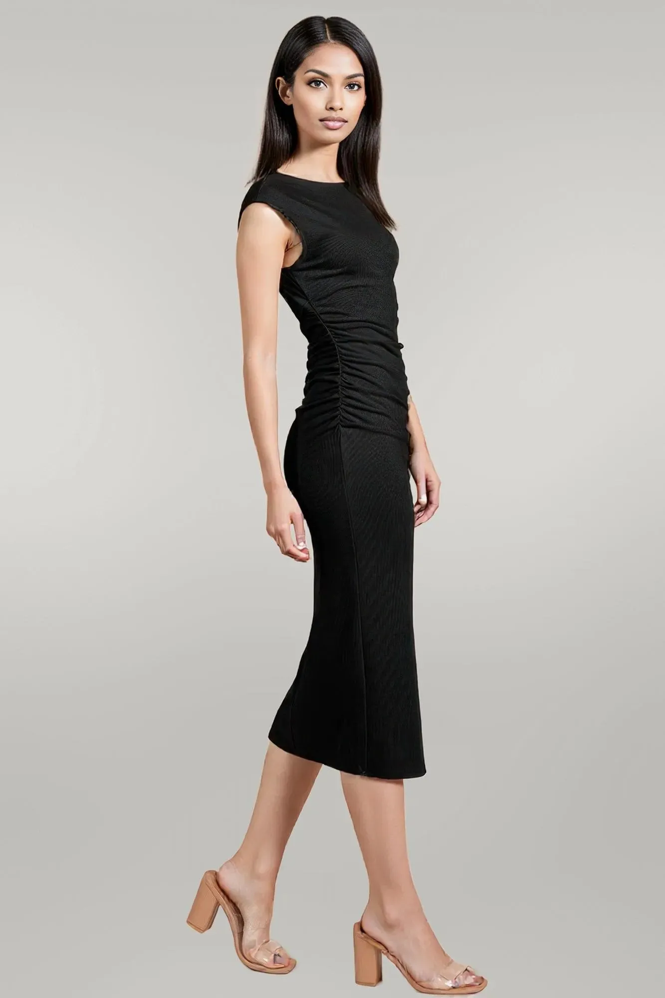 Cap Sleeve Boatneck Open Back Midi Dress