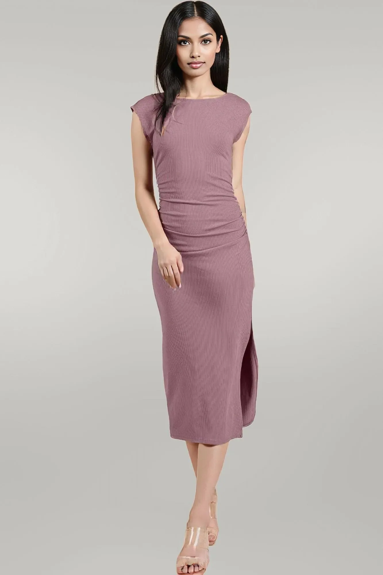 Cap Sleeve Boatneck Open Back Midi Dress