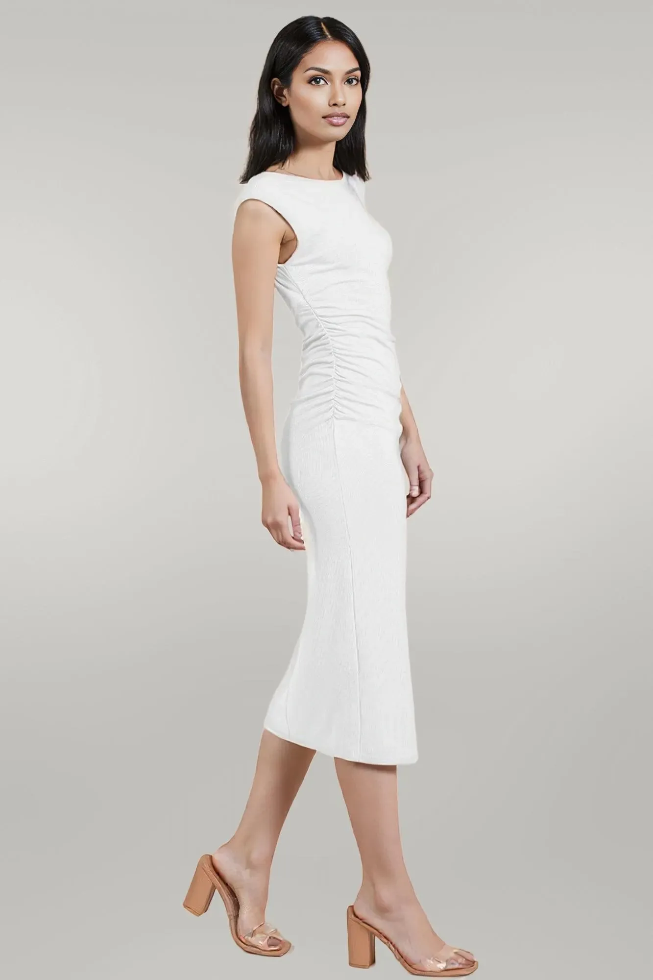 Cap Sleeve Boatneck Open Back Midi Dress