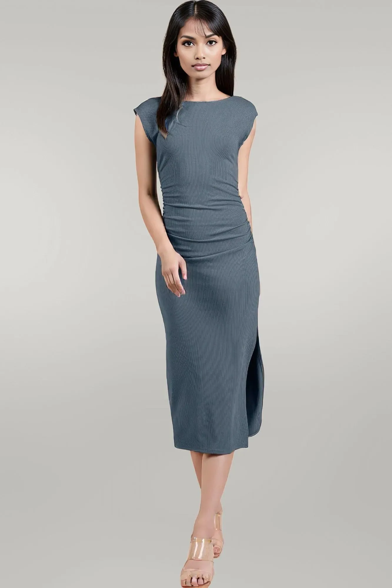 Cap Sleeve Boatneck Open Back Midi Dress
