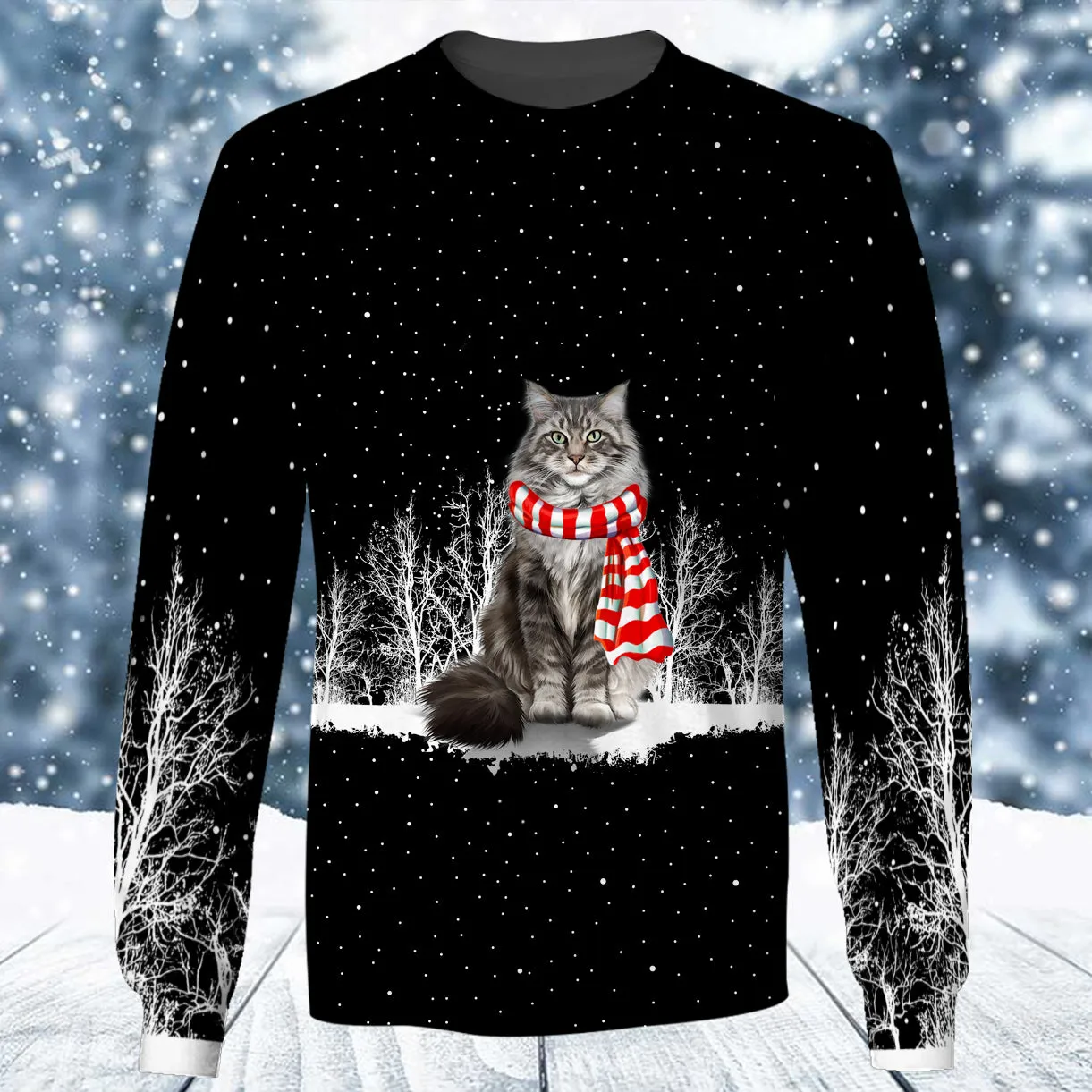 Cat Maine Coon And Winter Night 3D Full Print Shirts