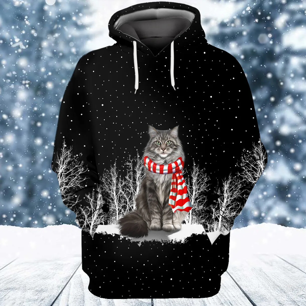 Cat Maine Coon And Winter Night 3D Full Print Shirts