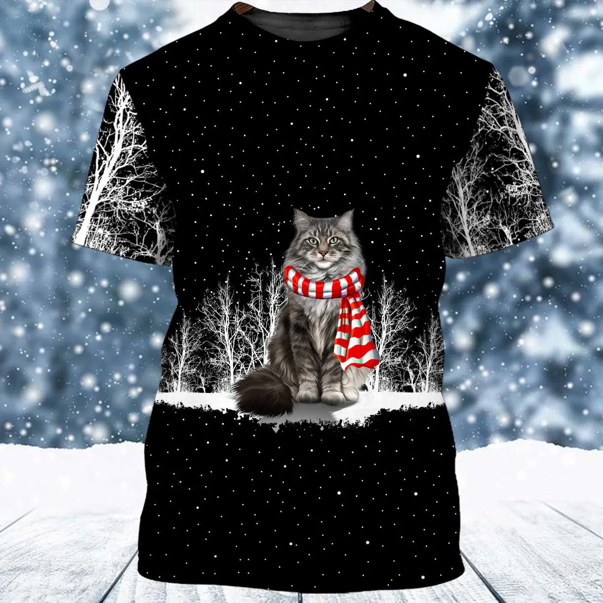 Cat Maine Coon And Winter Night 3D Full Print Shirts