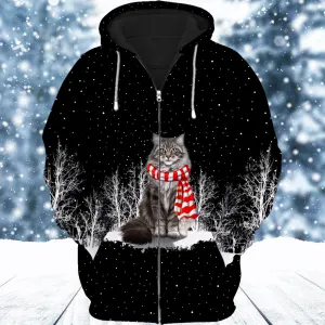 Cat Maine Coon And Winter Night 3D Full Print Shirts