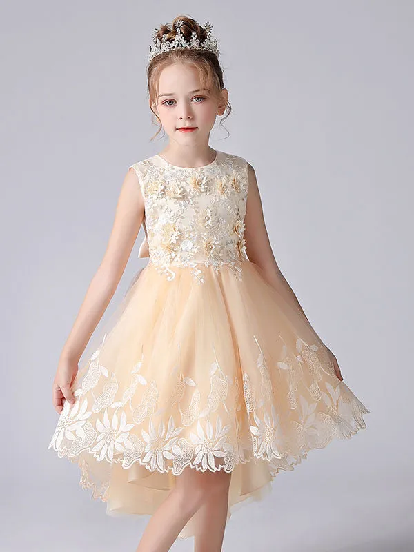 Champagne Color Jewel Neck Sleeveless Flowers Kids Party Dresses Princess Dress
