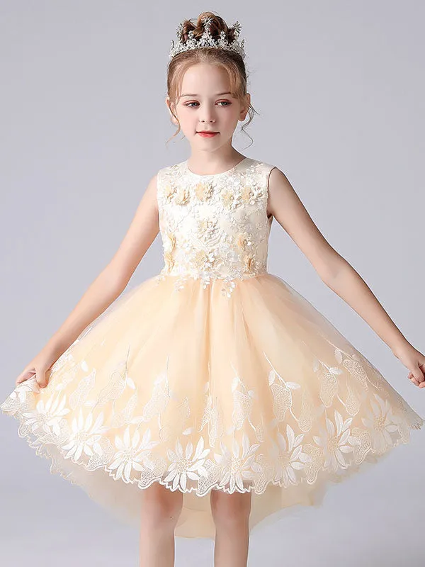 Champagne Color Jewel Neck Sleeveless Flowers Kids Party Dresses Princess Dress
