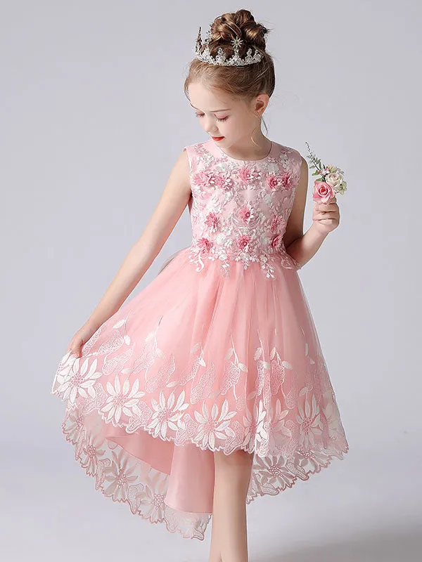 Champagne Color Jewel Neck Sleeveless Flowers Kids Party Dresses Princess Dress