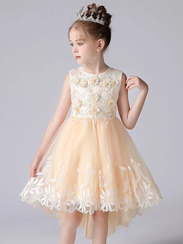 Champagne Color Jewel Neck Sleeveless Flowers Kids Party Dresses Princess Dress