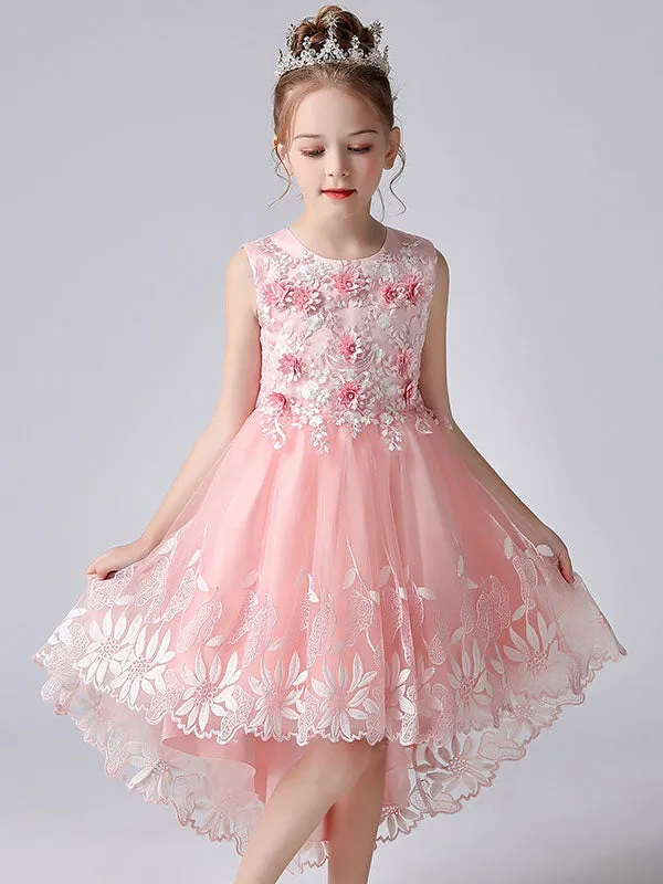 Champagne Color Jewel Neck Sleeveless Flowers Kids Party Dresses Princess Dress