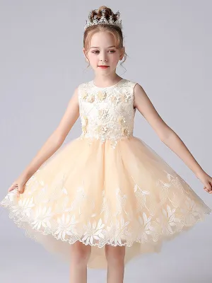 Champagne Color Jewel Neck Sleeveless Flowers Kids Party Dresses Princess Dress