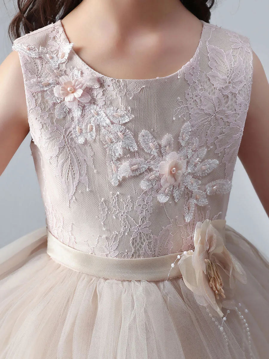 Champagne Color Jewel Neck Tulle Sleeveless Ankle-Length Princess Dress Formal Kids Pageant flower girl dresses