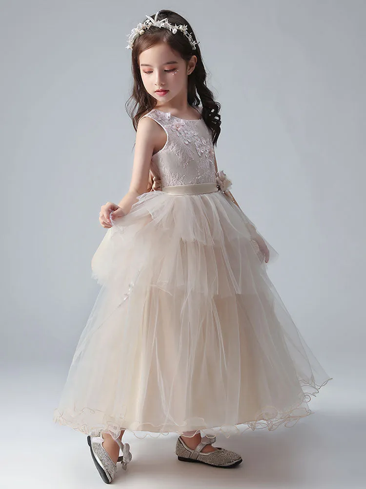 Champagne Color Jewel Neck Tulle Sleeveless Ankle-Length Princess Dress Formal Kids Pageant flower girl dresses
