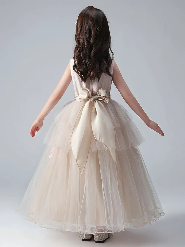 Champagne Color Jewel Neck Tulle Sleeveless Ankle-Length Princess Dress Formal Kids Pageant flower girl dresses