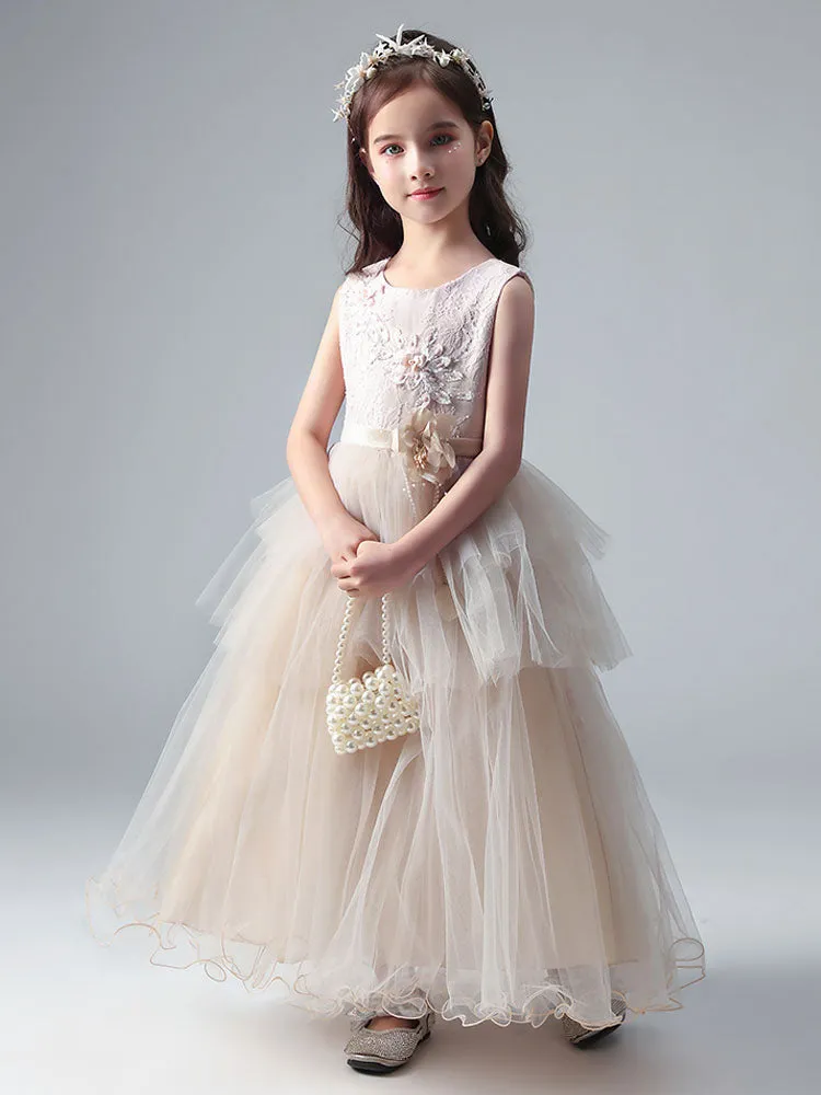 Champagne Color Jewel Neck Tulle Sleeveless Ankle-Length Princess Dress Formal Kids Pageant flower girl dresses
